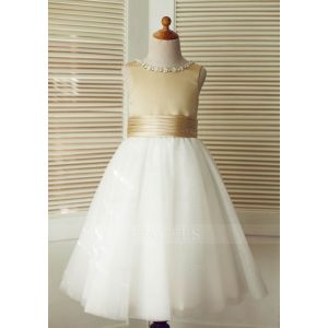 Champagne Satin Ivory Tulle Wedding Flower Girl Dress