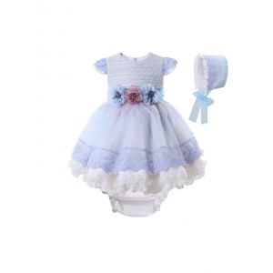Baby Girls Blue Tweed Lace Dress + Bloomer +Hat