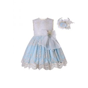 (PRE-ORDER)Summer Blue Emboidered Tulle Flower Girls Dress + Handmade Headband