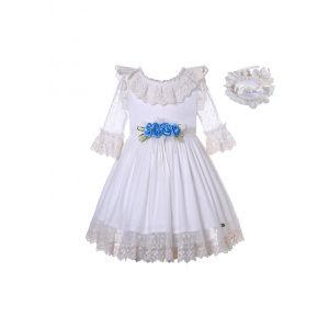 (PRE-ORDER)Girls White Half Sleeves Lace Tulle Dress with Blue Flower Sash