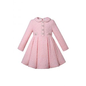 (Pre-order) Girls Pink Cotton Tweed Dress with Pearl Single-Breasted Button