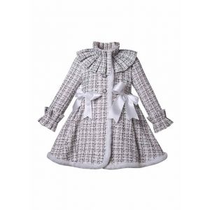 (Pre-order) Girls White Cotton Tweed Bows Coat with Fur Trim