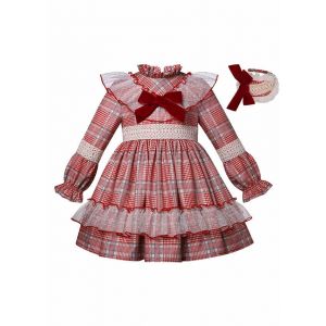 (Pre-order)Girls Red & Ivory Checked Dress + Handmade Headband