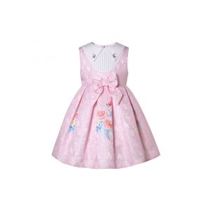 Girls Pink Rose Printed Dresses with Bow on the Front