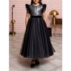 Girls Contrast Sequins Mesh Party Dress A Line Wedding Flower Girl Dress