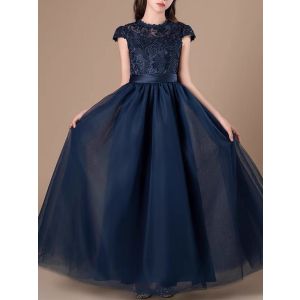 Princess Scoop Floor-Length Lace/Tulle Flower Girl Dress Navy Blue Ball-Gown