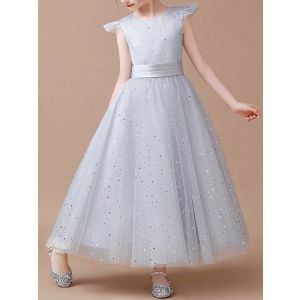Grey Sleeveless Princess Tulle Skirt Flower Girl Dresses With Sequins
