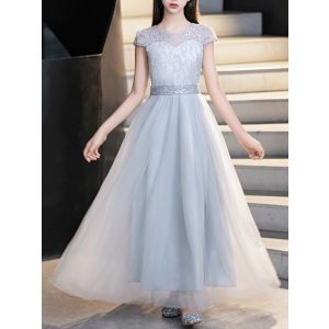 Elegant Grey Lace Dresses Princess Sash Short Ruffle Special Occasion Party Dresses for Girls