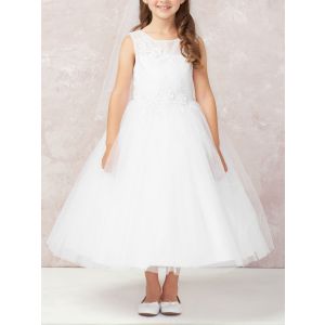 Girls Embroidery Lace Applique and Soft Mesh Dress White First Communion Dress