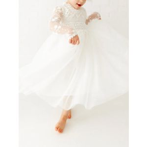 Long Sleeve Lace Flower Girl White Tulle Wedding Bohemian Lace Dress Boho Christening Gown Baptism Dress