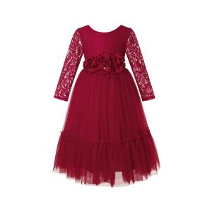 Burgundy Flower Girl Dress Long Sleeve Lace White Tulle Wedding Bohemian Dress