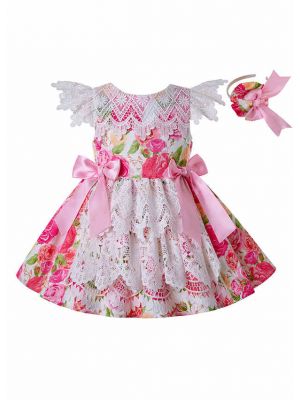 (ONLY 3Y 5Y) New Princess Flower With Pink Bows Summer Lace Girl Dress + Handmade Headband  