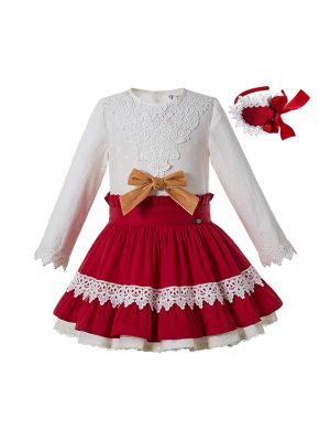 Autumn Gorgeous Girls White Lace Shirt With Bow + Red Boutique Skirt + Handmade Headband