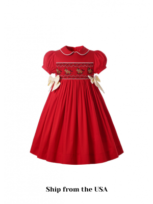 (USA ONLY)Autumn & Winter Christmas Red Girls Short Sleeve Smocked Dress