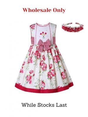 (Wholesale Only) Girls Red and White Floral Embroidery Dress