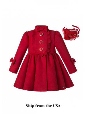 (USA ONLY)Autumn & Winter Girls Red Single Breasted Wool Coat + Handmade Headband