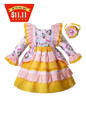 Flower Bunny Pattern Yellow Girl Dress With Bows + Handmade Headband                                                                                                                       