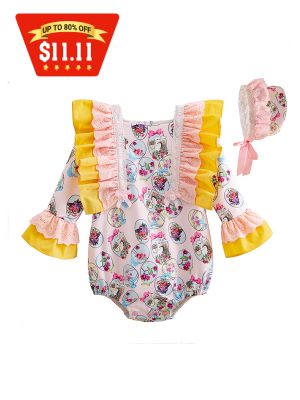 Easter Princess Yellow Floral Printed Babies Romper Costumes + Cute Bonnet                            