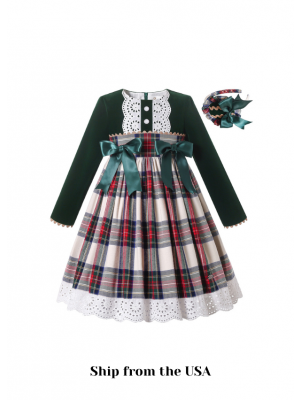 (USA ONLY)Christmas Deep Green Long Sleeve Plaid Dress + Handmade Headband