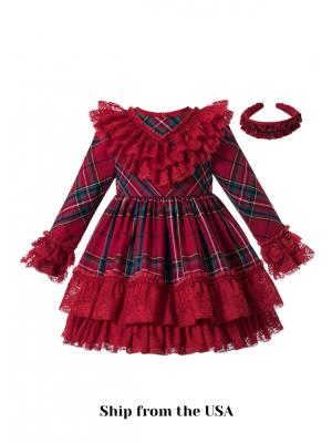 (USA ONLY)Vintage Autumn Red Tartan Garment Dyed Lace Boutique Kids Dress + Hand Headband