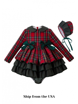 (USA ONLY)3 Pieces  Party Babies Red Grid Layered Boutique Outfits + Blackish Green Bloomers + Hat