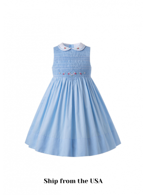 (USA ONLY)Blue Sleeveless Flower Embroidery Children Smocked Dresses