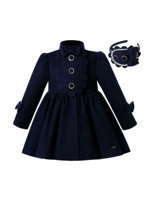 (UK Only) Autumn & Winter Girls Dark Blue Single Breasted Wool Coat + Hand Headband