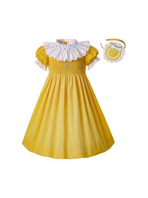(PRE-ORDER)Easter Printed Yellow Girls Smocked Dress + Headband