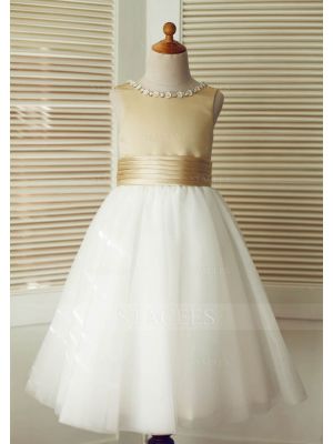 Champagne Satin Ivory Tulle Wedding Flower Girl Dress