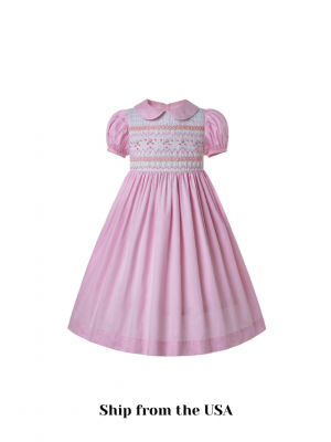 (USA ONLY)Doll Collar Hand Embroidery Light Pink Smocked Dress