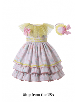 (USA ONLY)Pink Print Double-layered Bows Girls Yellow Dress + Headband