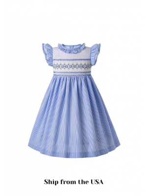 (USA ONLY)Light Blue Short Sleeves Smocked Dress