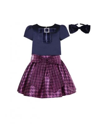 (Only size 3 Left)Girls Black Bow Top + Houndstooth Skirt