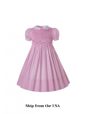 (USA ONLY)Girls Pink Rose Hand Embroidery Doll collar Smocked Dresses