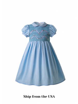 (USA ONLY)Blue Boutique Girls Doll Collar Handmade Embroidered Smocked Dresses