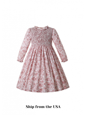 (USA ONLY)Pink Floral Girls Long Sleeve Smocked Dress