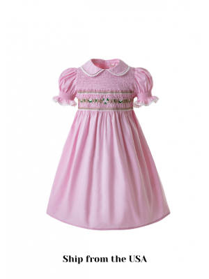 (USA ONLY)Pink Party Girls Doll Collar Handmade Embroidered Smocked Dresses