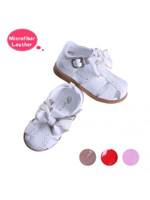 White Fashion Microfiber Leather Girls Sandals Shoes With Handmade Bow-knot