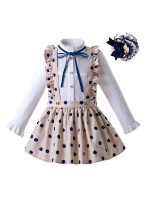 (ONLY 5Y Left) Girls Long Sleeve White Blouse With Blue Dot Khaki Skirt