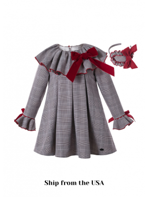 (USA ONLY)Grey Check Garment Dyed Double-layered Boutique Girls Vintage Dress With Red Bow + Hand Headband