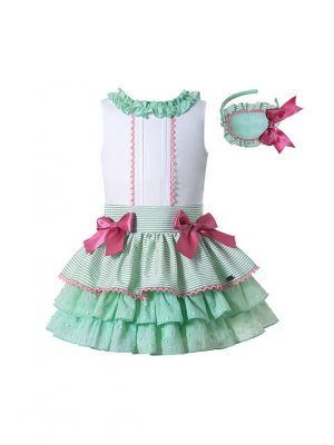 (Only Size 6Y&10Y) Summer Boutique Girls Ruffled White Shirt + Princess Layer Skirt +Hand Headband