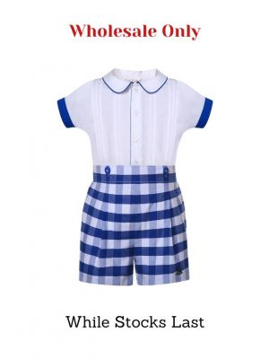 (Wholesale Only) Boys White Shirt + Blue Plaid Shorts