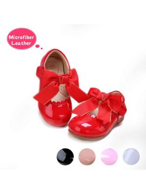 Red Microfiber Leather Girls Shoes With Handmade Bow-knot 