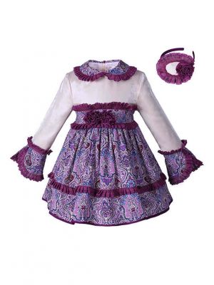Girls Purple Velvet Flower Printed Lace Dress + Headwear