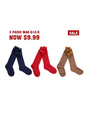 3 Pairs Girls Keen-length Pom Pom Socks(Red, Camel, Navy Blue)