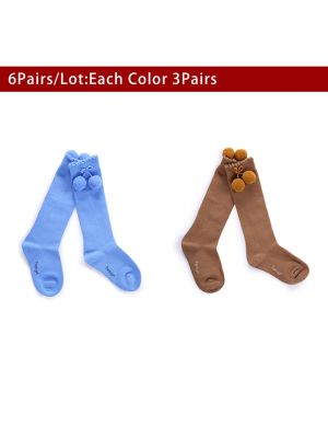 6 Pairs Girls Pom Pom Socks(Camel+Blue) Size 28-31