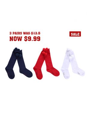 3 Pairs Girls Keen-length Pom Pom Socks(White, Red, Navy Blue)