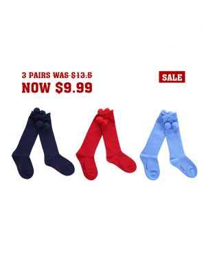 3 Pairs Girls Keen-length Pom Pom Socks(Light Blue, Red, Navy Blue)