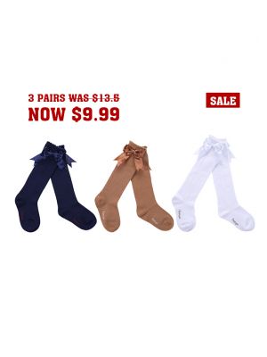3 Pairs Bow-knot Knee-length Girls Socks(Nvay Blue, White, Camel)