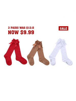 3 Pairs Bow-knot Knee-length Girls Socks(Red, White, Camel)